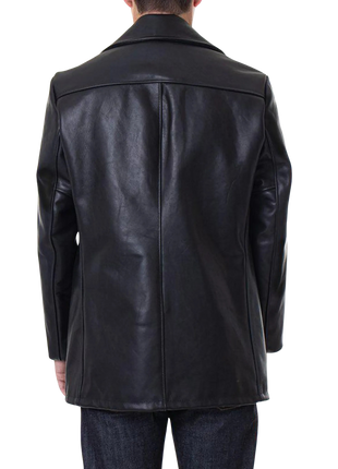 Black leather coat worn by a person 