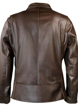 Close-up of a black leather jacket with a silver buckle and zipper.