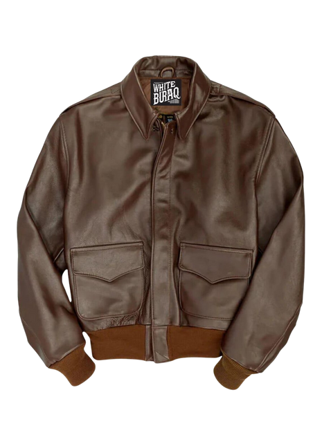 Brown leather jacket with brand logo 