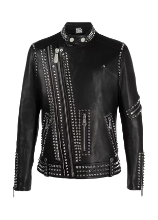 Black leather jacket with studs and a brand logo 