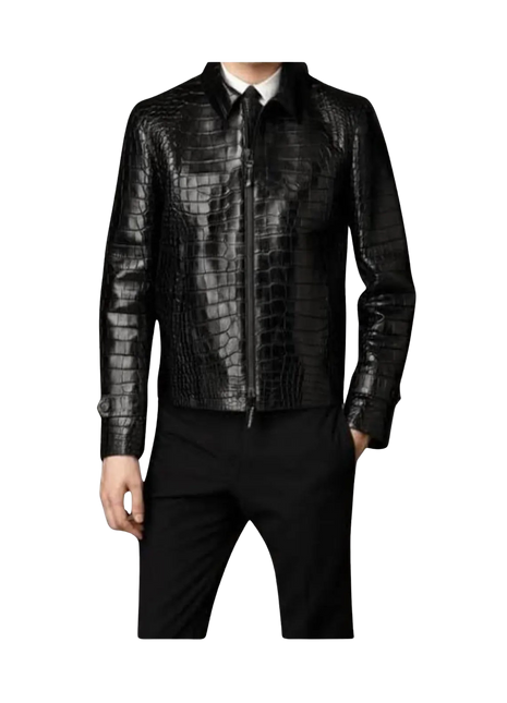 Black crocodile-patterned leather jacket worn by a person 