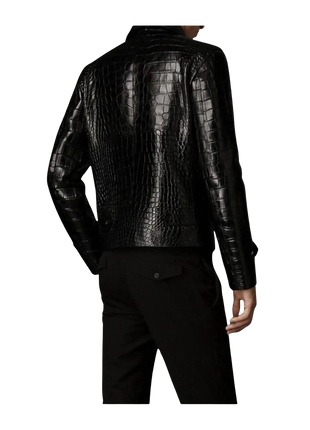 Black crocodile-patterned leather jacket 