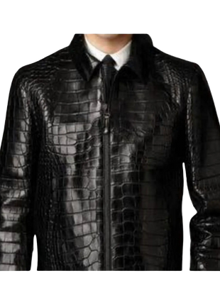 Black crocodile-patterned leather jacket 