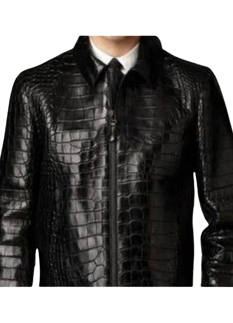 Black crocodile-patterned leather jacket 