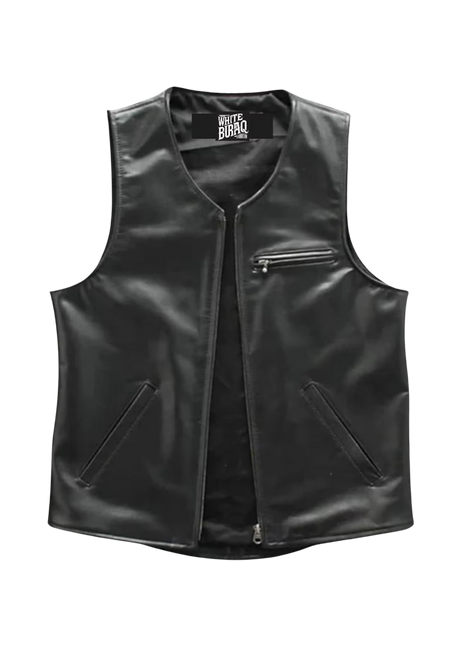 Black leather vest with a brand label 