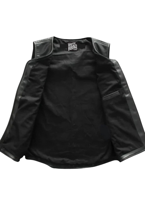Black sleeveless jacket with leather accents 