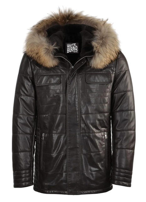 Black leather jacket with fur hood 