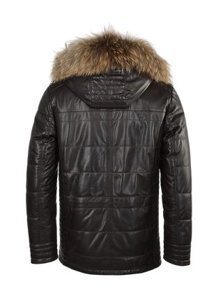 Black leather jacket with fur hood