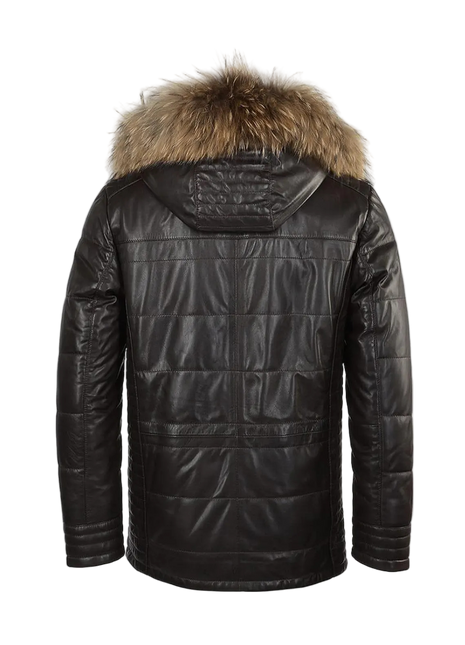 Black leather jacket with fur hood
