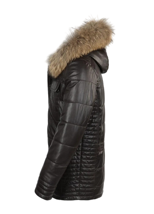 Black leather jacket with fur hood 