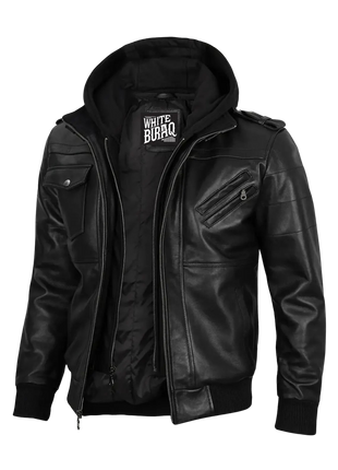Black leather jacket with a hood 