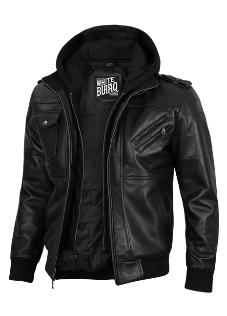 Black leather jacket with a hood 