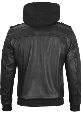 Black leather jacket with a hood 