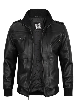 Black leather jacket with visible branding 