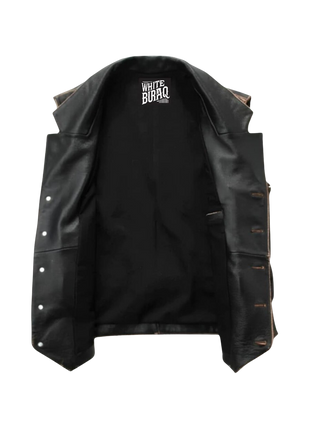 Black leather vest with visible branding 