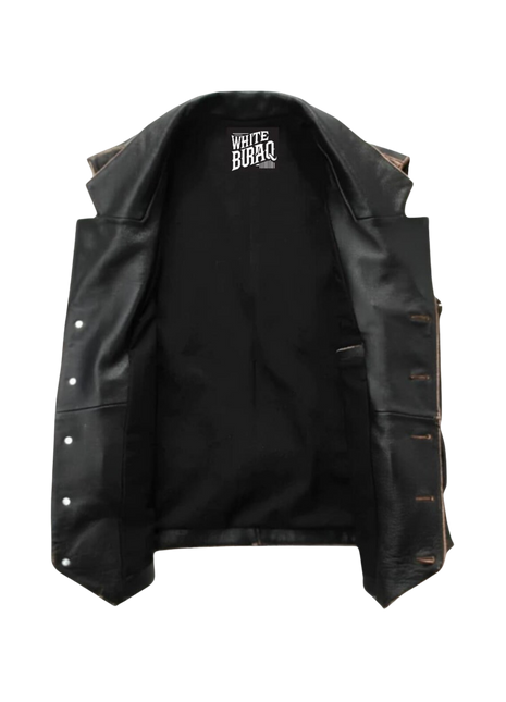 Black leather vest with visible branding 