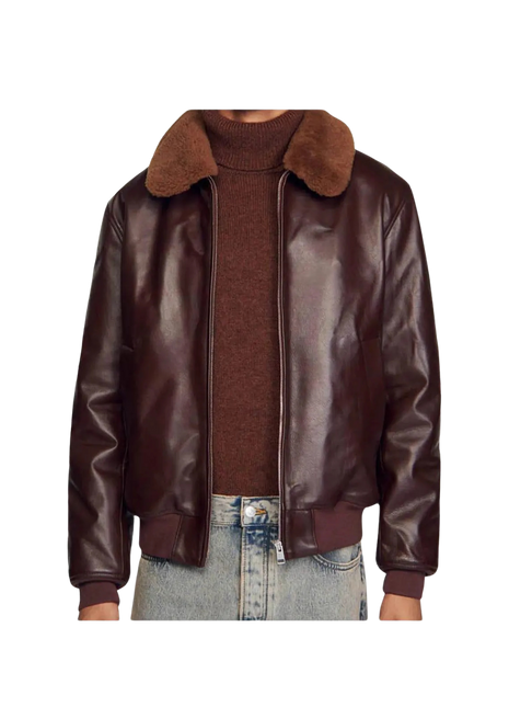 Brown leather jacket with fur collar 