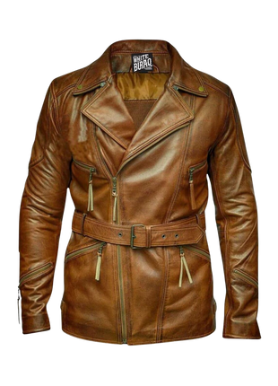 Brown leather jacket with a belt and visible branding 