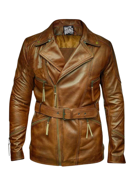 Brown leather jacket with a belt and visible branding 