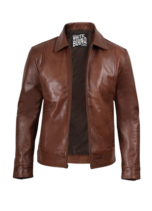 Brown leather jacket with a visible brand label 