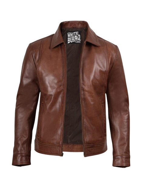 Brown leather jacket with a visible brand label 
