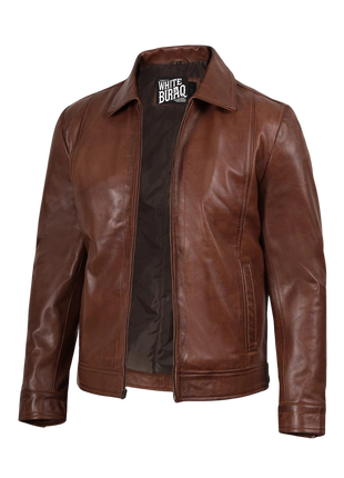 Brown leather jacket with a brand label 
