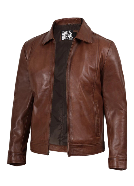 Brown leather jacket with a brand label 