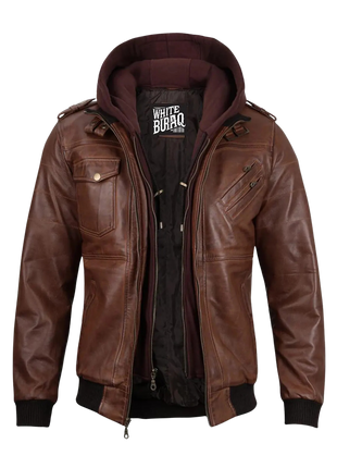 Brown leather jacket with a hood 