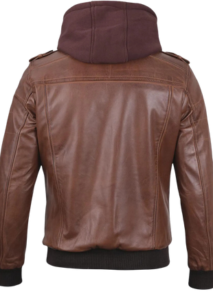 Brown leather jacket with a hood 