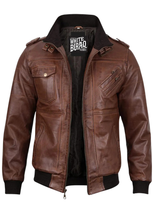 Brown leather jacket with visible brand logo 