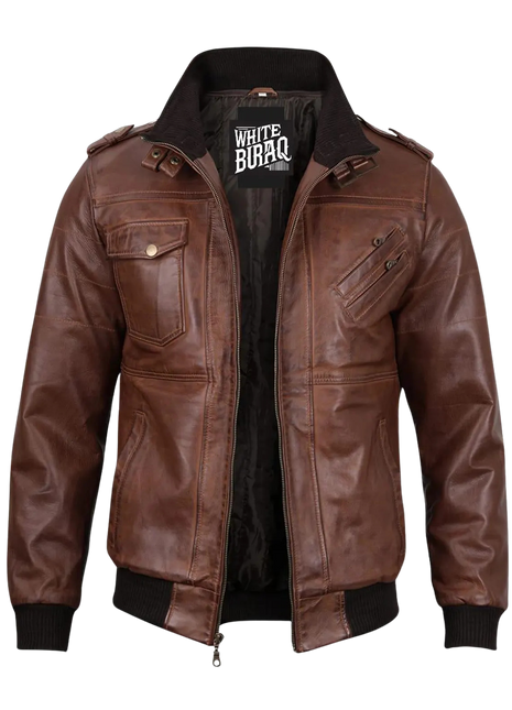 Brown leather jacket with visible brand logo 