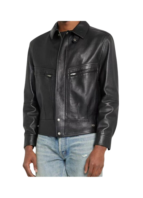 Black leather jacket worn by a person 