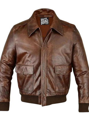 Brown leather jacket with a visible brand label 