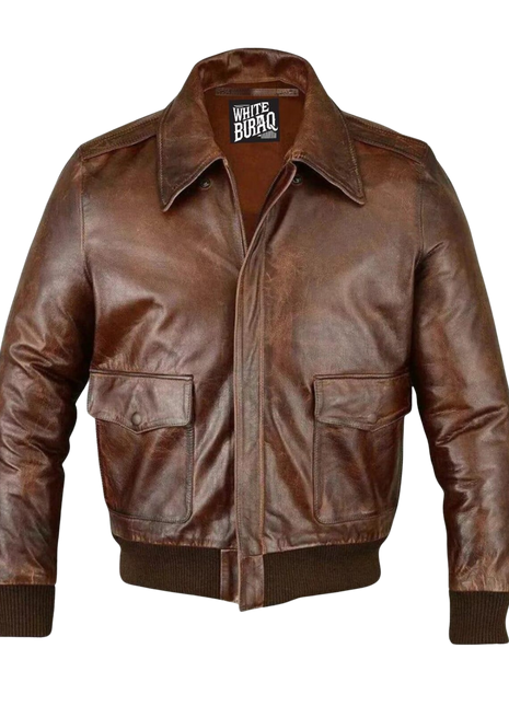 Brown leather jacket with a visible brand label 