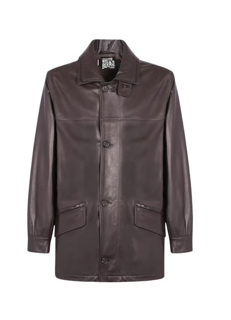 Brown leather coat with a brand label