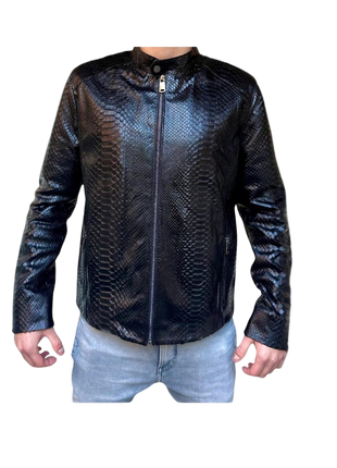 Black leather jacket with snake skin pattern worn by a person