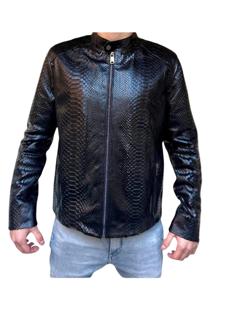 Black leather jacket with snake skin pattern worn by a person