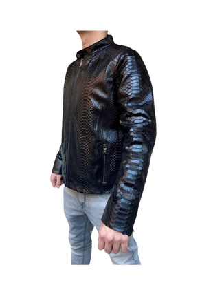 Black leather jacket with snake skin pattern worn by a person