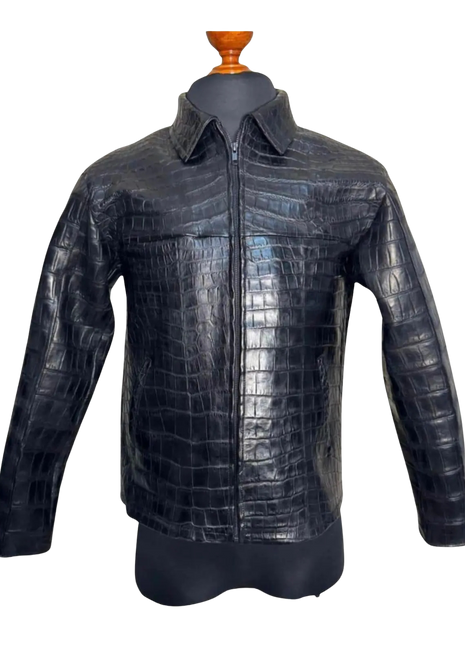 Black crocodile-patterned leather jacket 