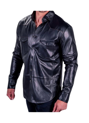 Black leather shirt worn by a person 