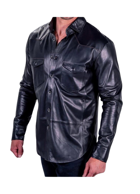 Black leather shirt worn by a person 