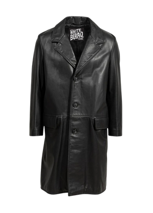 Black leather coat with a brand label 