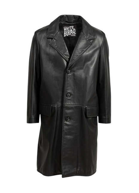 Black leather coat with a brand label 