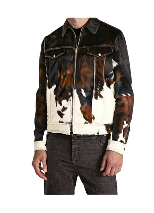 Cow print jacket worn by a person