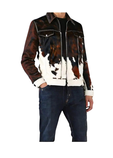 Person wearing a cowhide leather jacket and jeans 