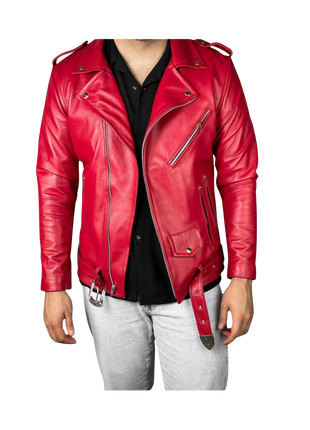 Red leather jacket worn by a person 