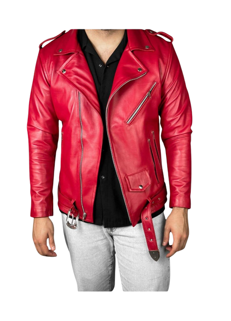 Red leather jacket worn by a person 