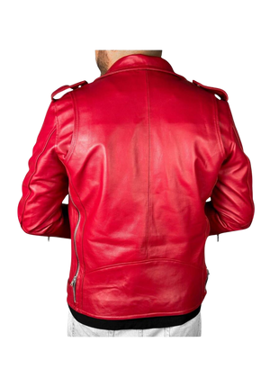 Red leather jacket worn by a person 