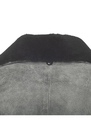 Close-up of a gray jacket with black collar 
