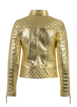 Metallic Gold Quilted Leather Biker Jacket